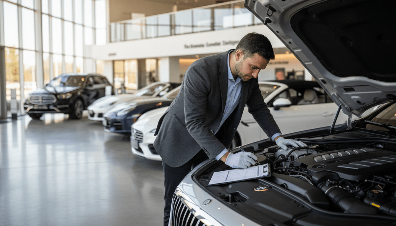 Professional mechanic inspecting a junk car in an automotive yard