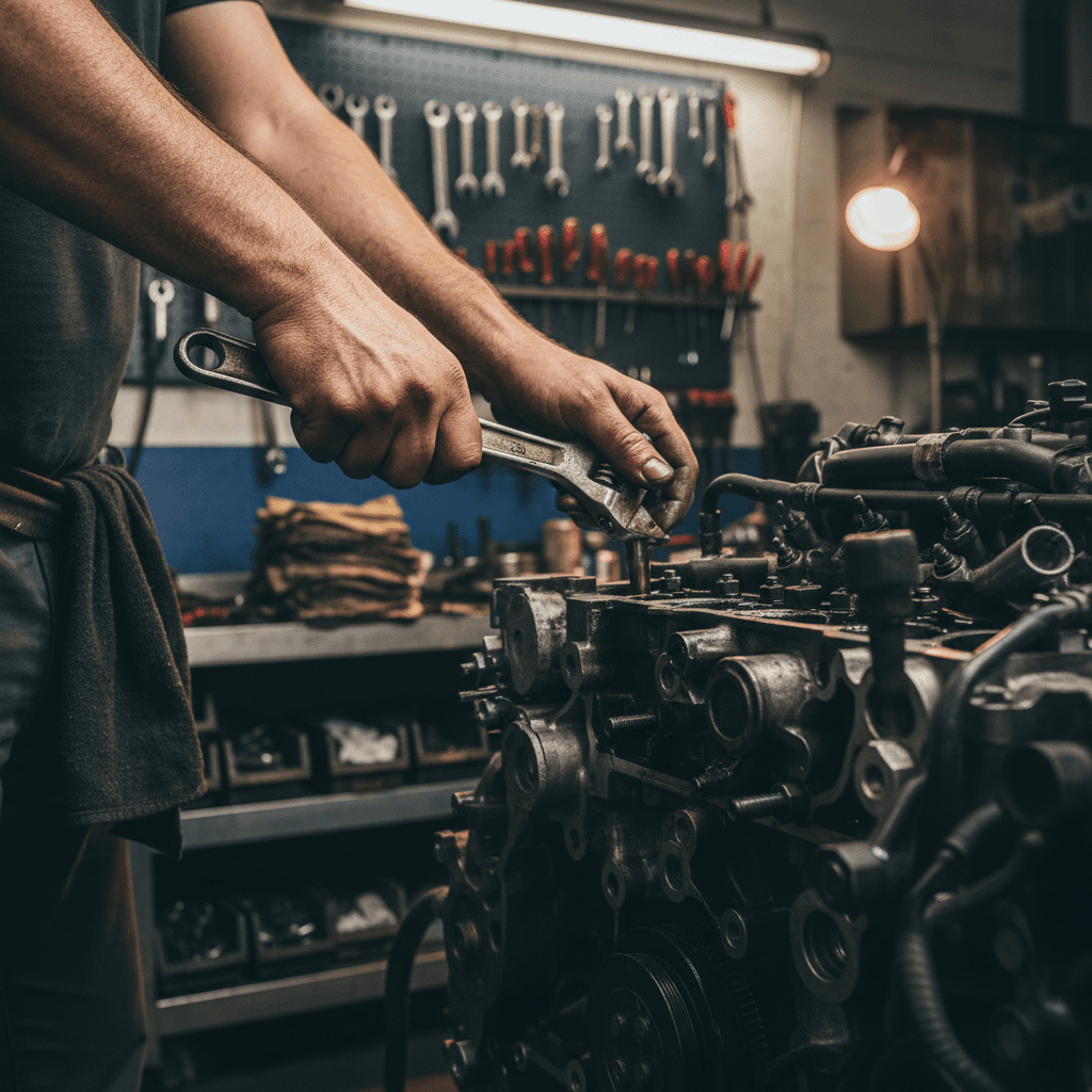 Mechanic working on junk car removal in automotive workshop