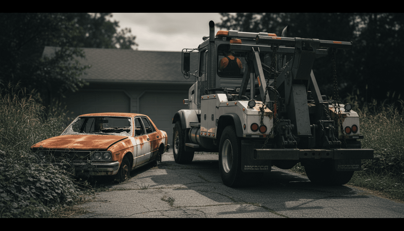 Junk car pickup and removal service in progress