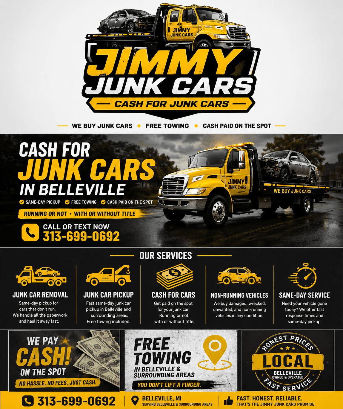 Yellow tow truck advertisement for Jimmy Junk Cars offering cash for junk cars in Belleville.