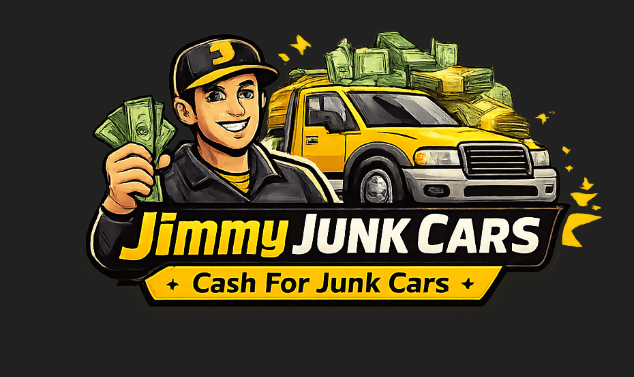 Jimmy Junk Cars logo featuring a man holding cash and a yellow truck with money.