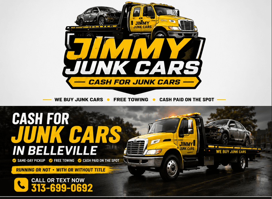 Jimmy Junk Cars advertisement for cash for junk cars in Belleville with yellow tow truck.